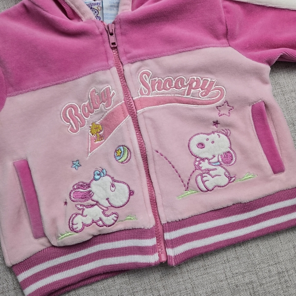 Vintage Baby Snoopy Pink Velour Zip Up Hoodie 6-9M Peanuts Y2K Retro - Picture 2 of 9